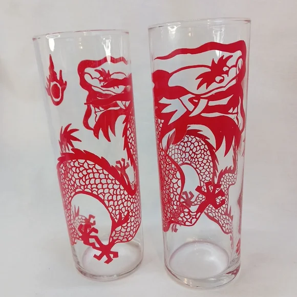 Vintage Red Dragon Tom Collins Glass Tumblers Set Of 2 - Picture 1 of 4